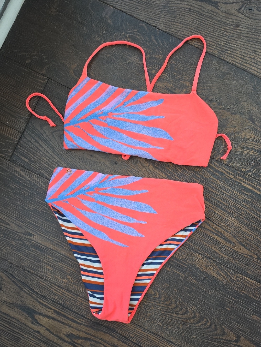 Maaji  Coral Pink Two-Piece Swim Set with Blue Palm Print